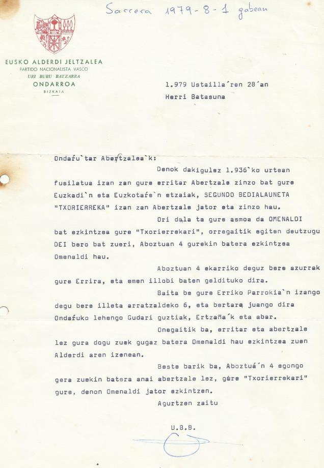 1979xan EAJk txori errekan hazurrak herriratzen