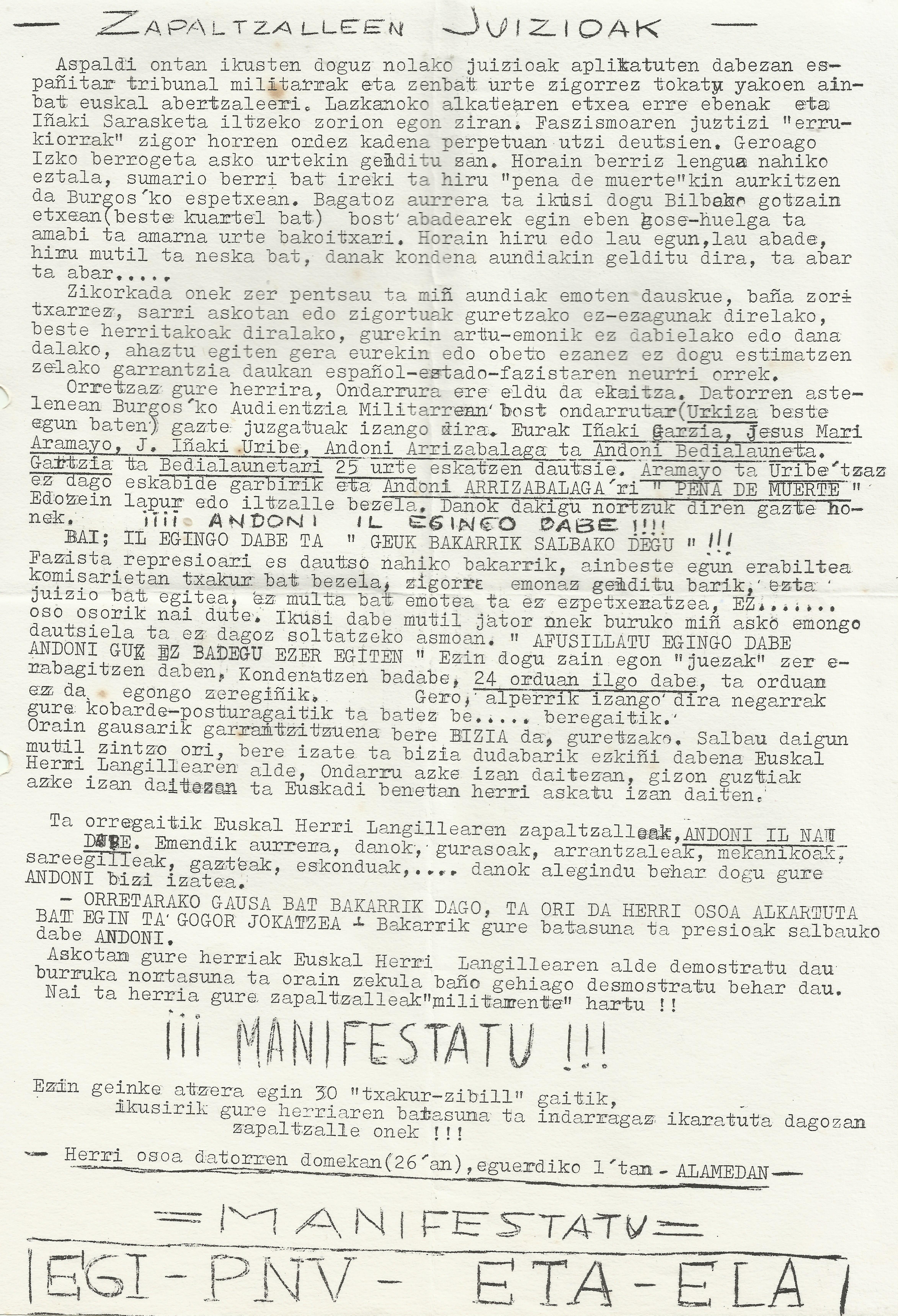 manifestaziñoirako deixe eta egi eaj ela 1969