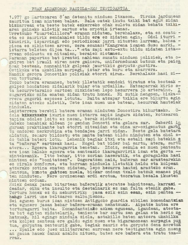 RANen testigantzi torturak dizela ta